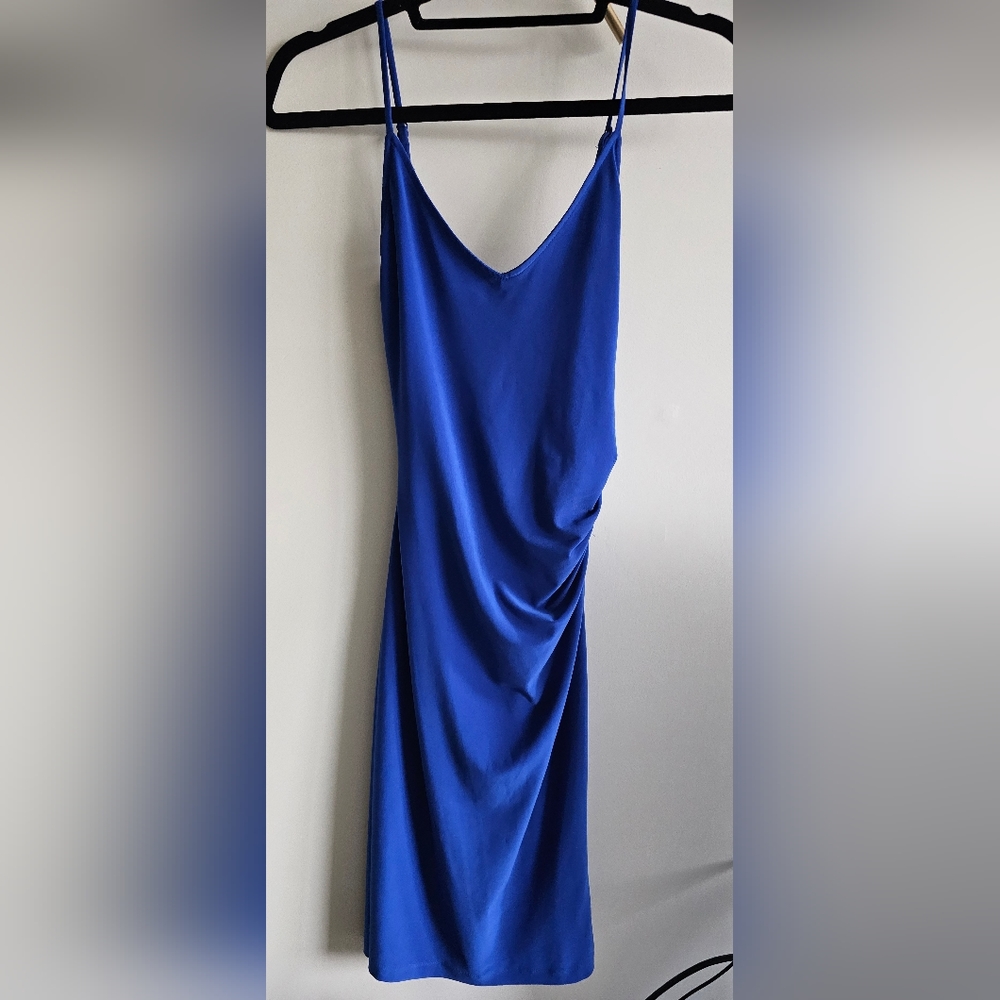 Royal Blue Bodycon V-neck Dress with Side Ruching and Adjustable Spaghetti Strap